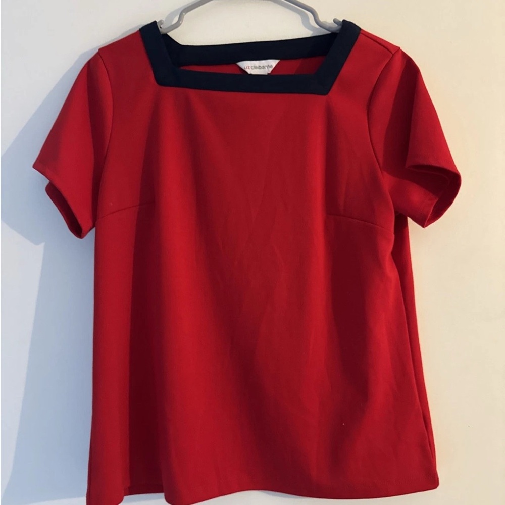 Liz Claiborne Ladies' Navy Square Neck Short Sleeve Blouse Sz M Red